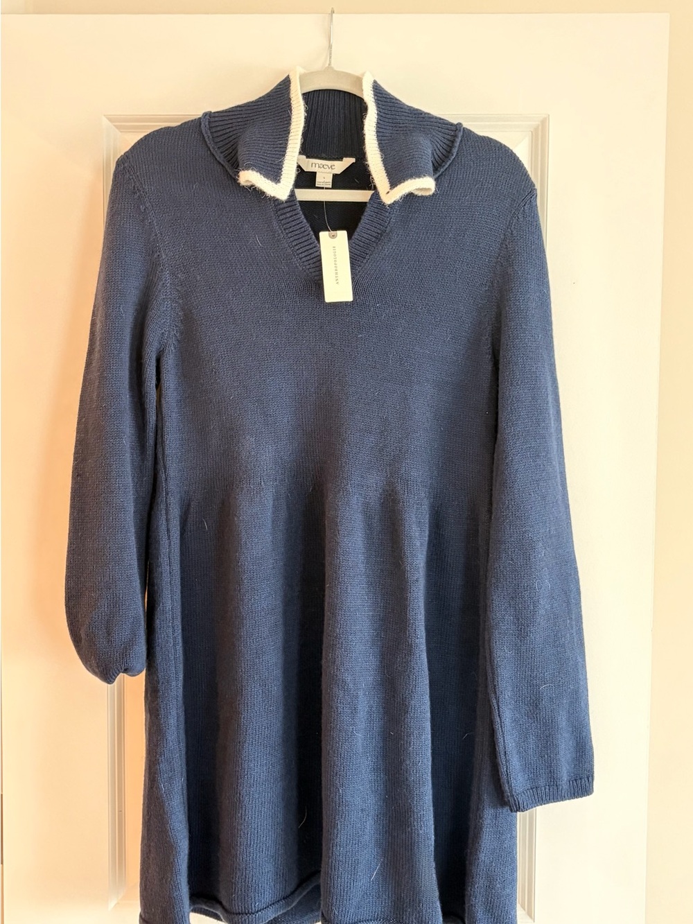 Anthropologie Maeve Sweater Dress, never worn, Navy with White-Trim Collar.